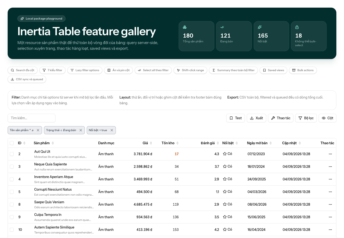 Product table with active filters, layout controls, actions, exports, and server-side summaries